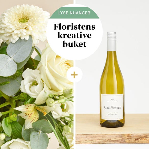 Floristens kreative buket i lyse nuancer med hvidvin